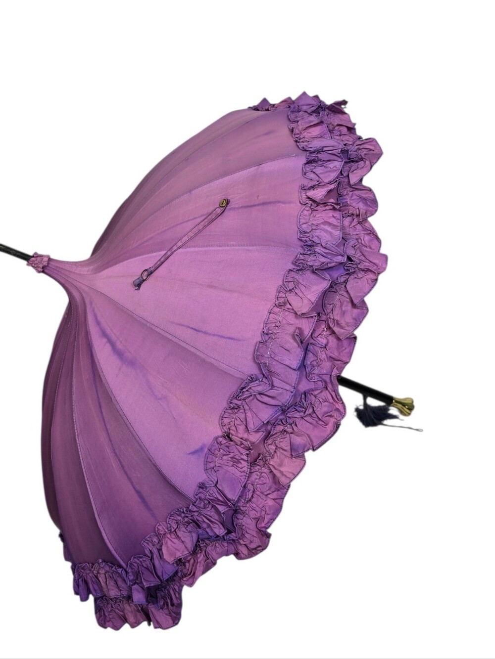 Vintage Lavender Ruffle Overdyed Parasol Umbrella Length 34"